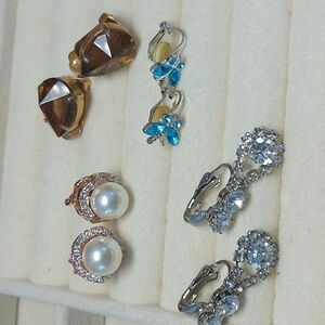 Lot Of 4 Pair Vintage Clipon Clip On Earrings Butterfly Rhinestone